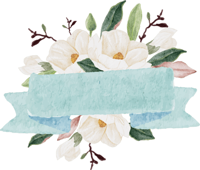 watercolor white magnolia with blue ribbon tag text copy space for logo or banner background png