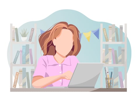Student woman study at the library with notebook. Vector illustration
