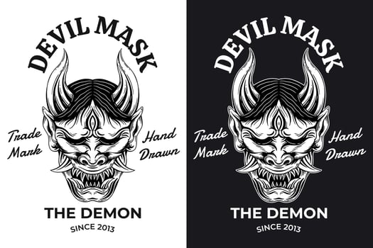 Set Skull Dark Art Japanese Mask Devil Demon Hand Drawn Engraving Style vector