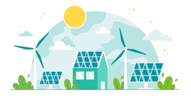 Renewable, sustainable and energy source. Wind mills, solar panels and house station. Green energy and ecology concept. Flat vector illustration.