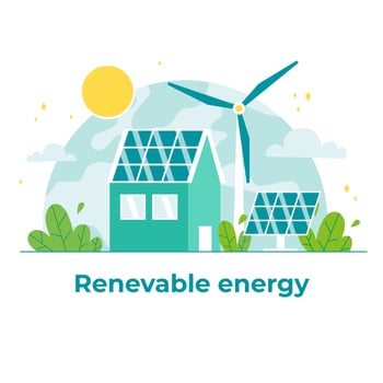 Renewable, sustainable and energy source. Wind mills, solar panels and house station. Green energy and ecology concept. Flat vector illustration.