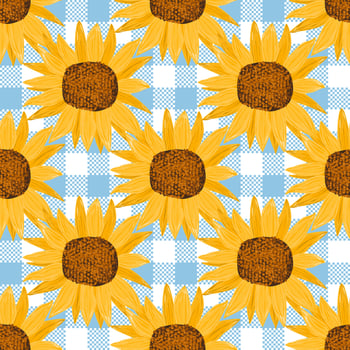Seamless pattern with sunflowers on plaid background. Wrapping paper pattern. Watercolor vector. vector