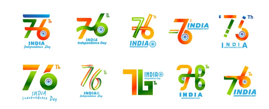 76 th Logo Independence Day of India 15 th august. Sticker set, typography set , elements and decoration vector