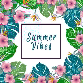 Summer Vibes. Summer green tropical flyer design with tropical flowers and monstera leaves. Frame design. Copy space vector
