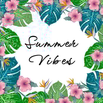 Summer Vibes. Summer green tropical flyer design with tropical flowers and monstera leaves. Frame design. Copy space vector