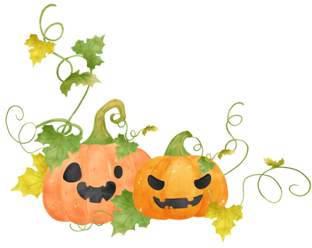 cute watercolor Halloween autumn pumpkins with face and vines cartoon hand drawn png
