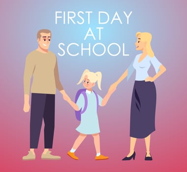 First day at school social media post mockup. Back to school. Advertising web banner design flat style template. Elementary education. Social media booster, content layout. Promotion poster, print ad vector