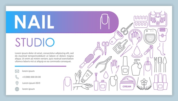Nail studio web banner, business card vector template. Manicure salon contact page with phone, email linear icons. Presentation, web page idea. Female beauty parlor corporate print design layout