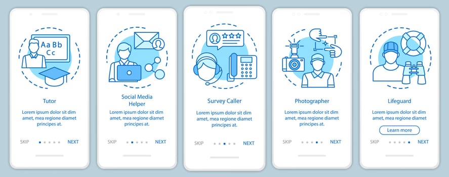 Part-time jobs blue onboarding mobile app page screen with linear concepts. Tutor, photographer, lifeguard. walkthrough steps graphic instructions. UX, UI, GUI vector template with illustrations