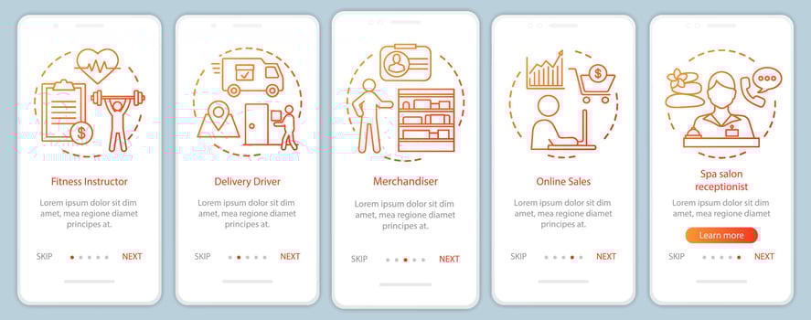 Part time job orange onboarding mobile app page screen with linear concepts. Fitness instructor, receptionist walkthrough steps graphic instructions. UX, UI, GUI vector template with illustrations