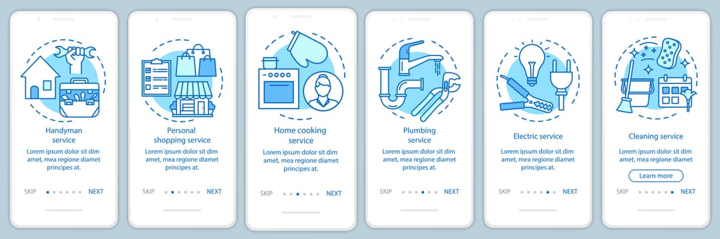 Home services onboarding mobile app page screen with linear concepts. Handyman service. Six walkthrough steps graphic instructions. Cleaning service. UX, UI, GUI vector template with illustrations