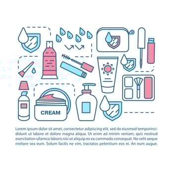 Waterproof cosmetics article page vector template. Brochure, magazine, booklet design element with linear icons and text boxes. Makeup products. Print design. Concept illustrations with text space