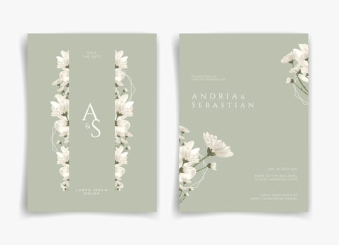 White and green wedding card or invitation card with white flower and leaf theme front side and backside. Nature wedding card. Nature cover. Wedding card template. vector