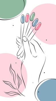 Beautiful female hands with color samples nail polish. Design layout nail studio for social media posts and stories, mobile apps. Vector illustrations