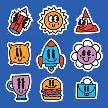 Trendy retro cartoon stickers set of different cute characters. Old school, cartoonish look, vintage animation. Hand drawn linear doodle vector illustration.