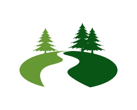 Green field with pine forest and river vector