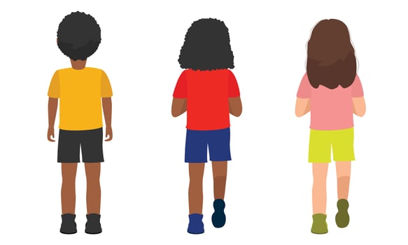 Back view on best friends girls and boy. Poster of active kids vector illustration banner, happy infants isolated on white background