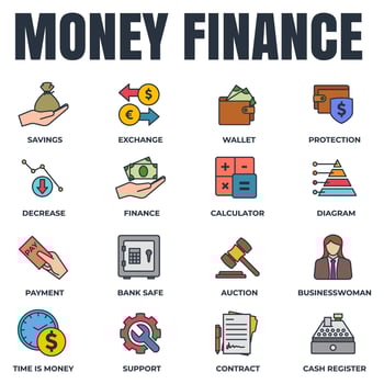 Set of money finance icon logo vector illustration. finance pack symbol template for graphic and web design collection. wallet, cash register, auction, decrease and more