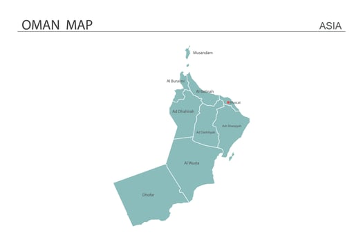 Oman map vector illustration on white background. Map have all province and mark the capital city of Oman.