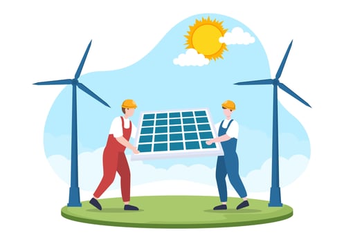 Solar Energy Installation, Panel or Wind Turbine Maintenance with Home Service Team For Electricity Network Operation in Cartoon Illustration vector