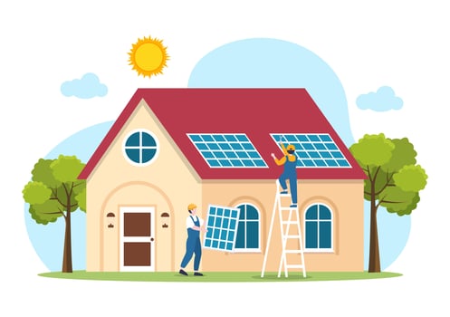 Solar Energy Installation, Panel or Wind Turbine Maintenance with Home Service Team For Electricity Network Operation in Cartoon Illustration vector