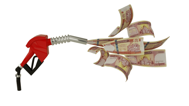 3d rendering of Afghan Afghanis notes coming out from fuel pump. red fuel nozzle with Afghani flying around png