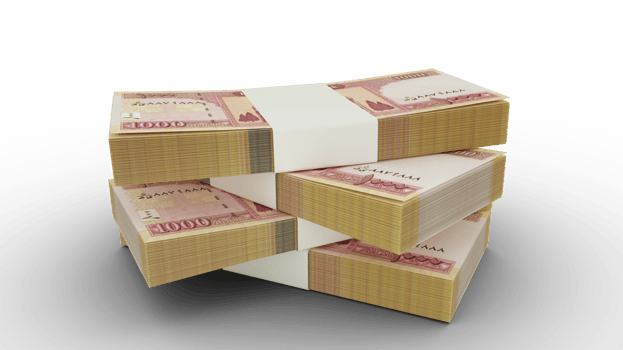 3d rendering of Stack of 1000 Afghan Afghanis notes. Few bundles of Afghan currency isolated on transparent background png