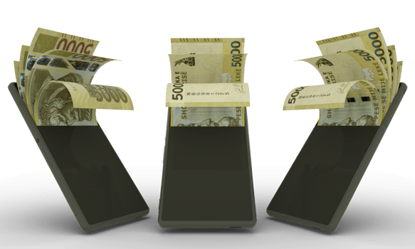 Albanian lek notes inside a mobile phone. money coming out of mobile phone. 3d rendering of set of mobile money transaction concept. money from Phone. money from Phone png