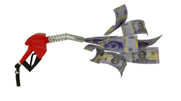 3d rendering of Angolan Kwanza notes coming out from fuel pump. red fuel nozzle with dinar flying around png
