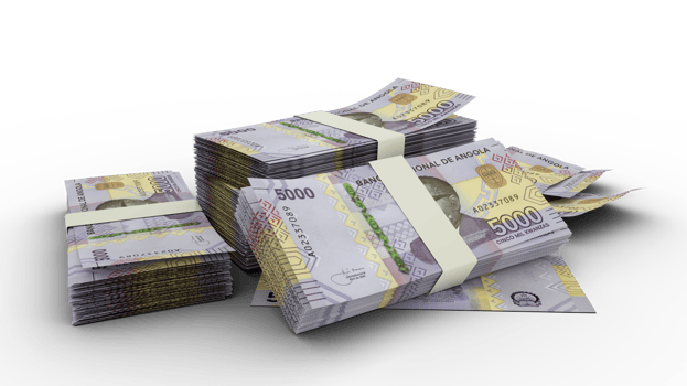 3D Stack of 5000 Angolan kwanza notes isolated on transparent background png