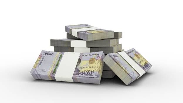 3d rendering of Stack of Angolan kwanza notes. bundles of Angolan currency notes isolated on transparent background png