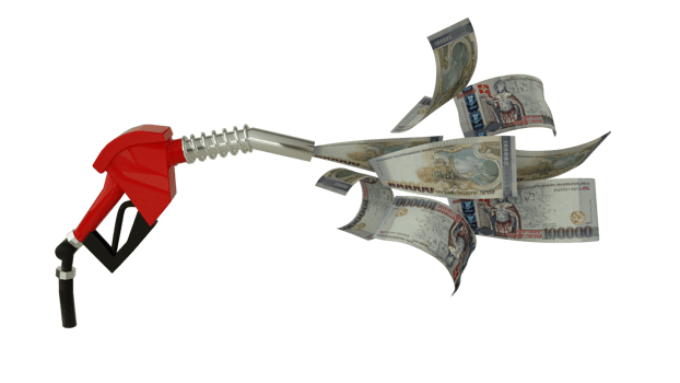 3d rendering of Armenian Dram notes coming out from fuel pump. red fuel nozzle with dinar flying around png
