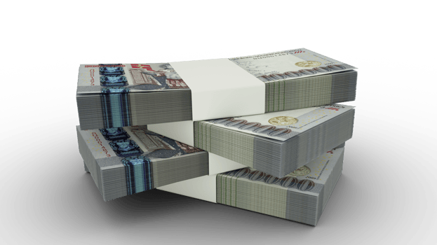 3d rendering of Stack of 100000 Armenian dram notes. Few bundles of Armenian currency isolated on transparent background png