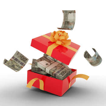 200 Aruban florin notes inside an open red gift box. Aruban florin inside and flying around a gift box. 3d rendering of money inside box isolated on transparent background png