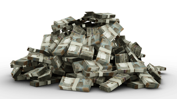 Big pile of 200 Aruban florin notes a lot of money over transparent background. 3d rendering of bundles of cash png