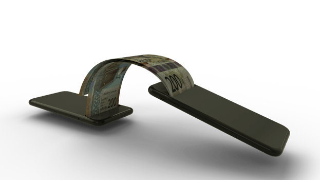 3D rendering of 200 Aruban florin notes transferring from one phone to another. mobile money transaction concept. money coming out of mobile phone png