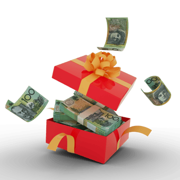 Australian dollar notes inside an open red gift box. Australian dollars inside and flying around a gift box. 3d rendering of money inside box isolated on transparent background png