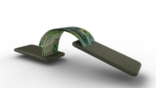3D rendering of Australian dollar notes transferring from one phone to another. mobile money transaction concept png