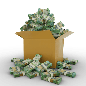 3d rendering of cardboard box full of Bahamian dollar notes isolated on a transparent background png