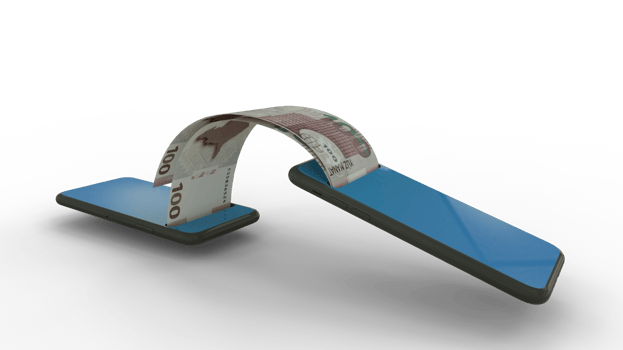 3D rendering of Azerbaijani manat notes transferring from one phone to another. mobile money transaction concept png