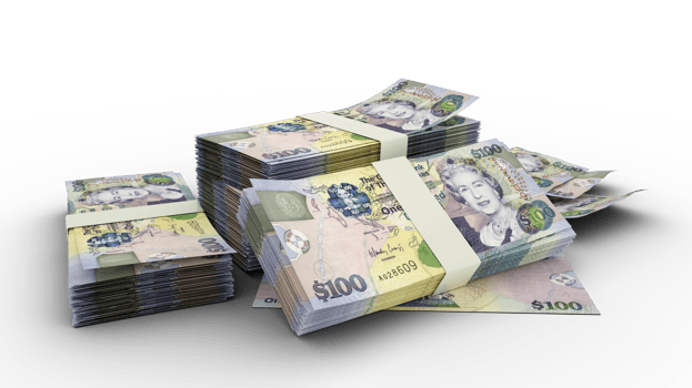 3D Stack of 100 Bahamian dollar notes isolated on transparent background png