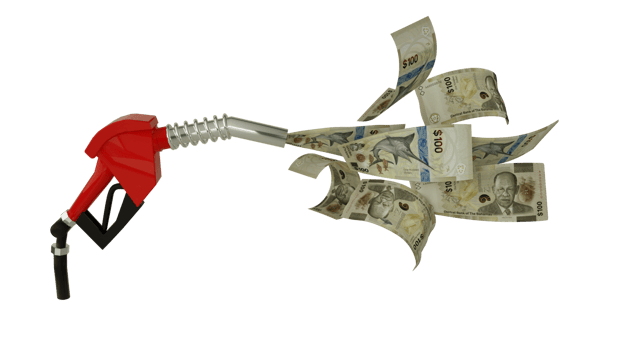 3d rendering of 100 Bahamian dollar notes coming out from fuel pump. red fuel nozzle with Bahamian dollar flying around png