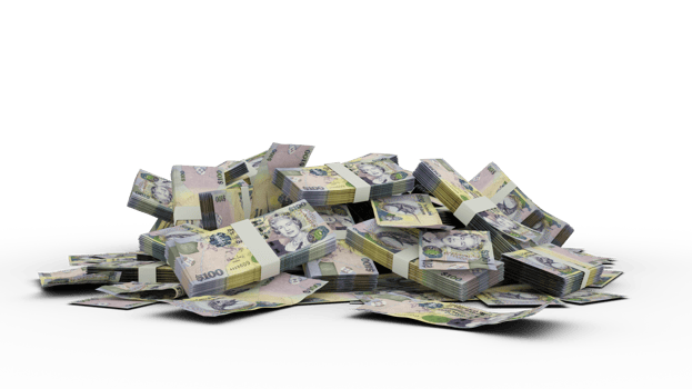 3D Stack of 100 Bahamian dollar notes isolated on transparent background png