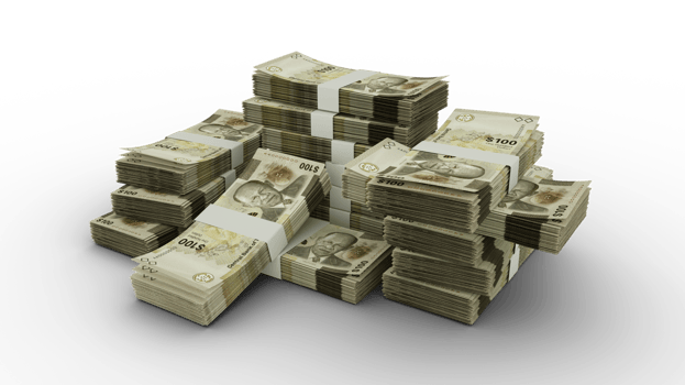 Stack of 100 Bahamian dollar notes. 3D rendering of bundles of banknotes png