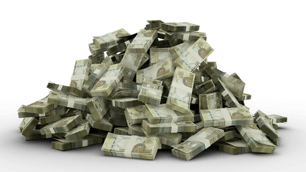 Big pile of Bahraini Dinar notes a lot of money isolated on transparent background, png transparency. 3d rendering of bundles of cash
