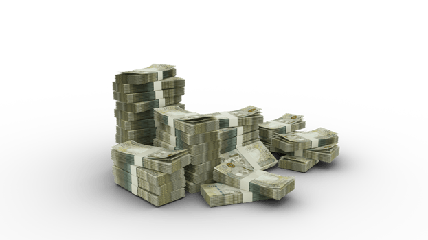 Stack of 100 Bahamian dollar notes. 3d rendering of bundles of money isolated on transparent background png