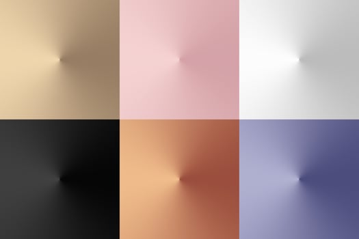Set of 3D conical golden, pink gold, white, black, copper, purple color gradient radial background luxury style vector