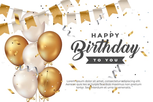 luxury happy birthday greeting template with balloon, birthday flag and glitter vector