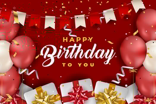 luxury happy birthday greeting template with balloon, birthday flag and glitter vector
