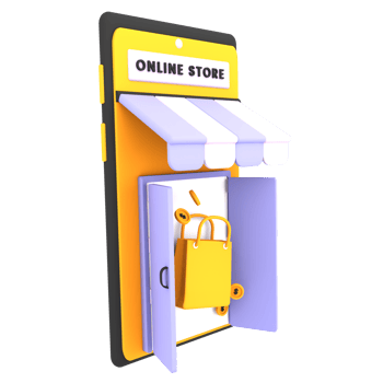 3d online shopping store with mobile, shopping bag icon ecommerce illustration png
